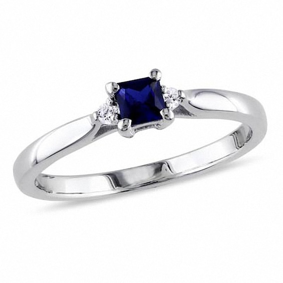 Previously Owned - Princess-Cut Lab-Created Blue Sapphire and Diamond Accent Promise Ring in Sterling Silver
