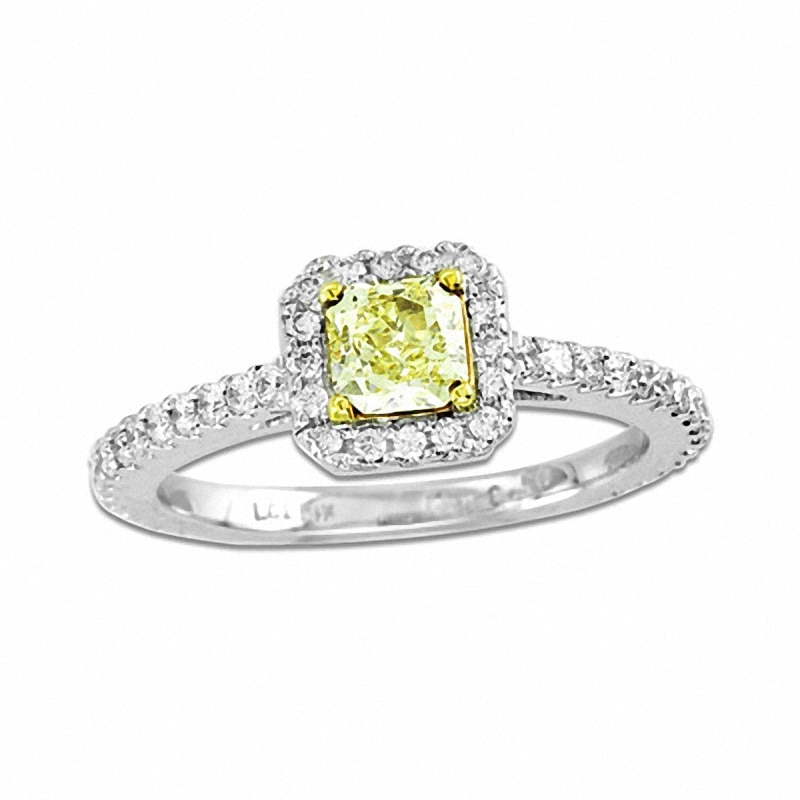 Previously Owned - 1 CT. T.W. Radiant-Cut Yellow and White Diamond Frame Engagement Ring in 14K White Gold