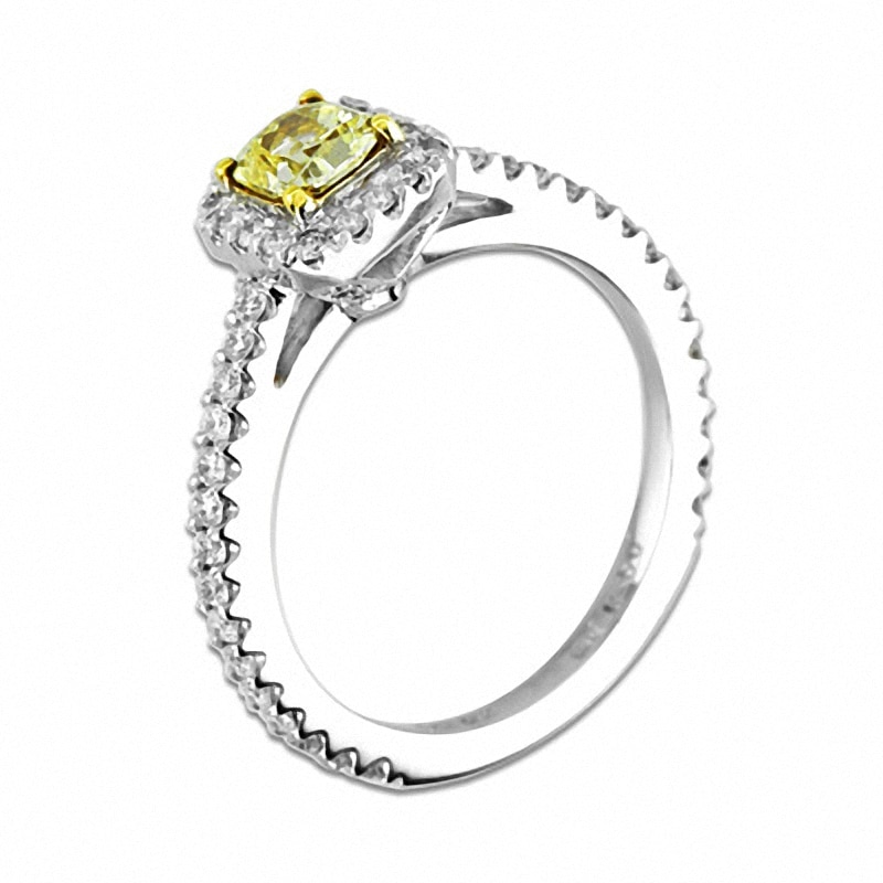 Previously Owned - 1 CT. T.W. Radiant-Cut Yellow and White Diamond Frame Engagement Ring in 14K White Gold