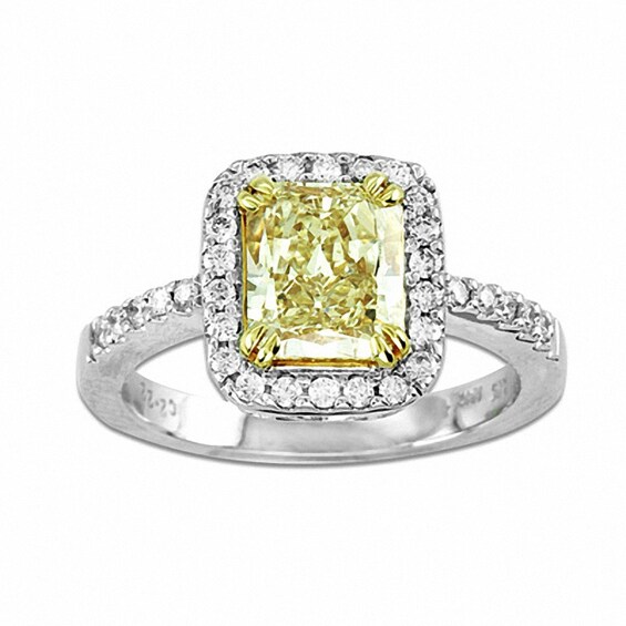 Previously Owned - 2-1/4 CT. T.w. Radiant-Cut Yellow and White Diamond Engagement Ring in 18K White Gold