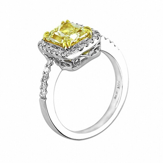 Previously Owned - 2-1/4 CT. T.w. Radiant-Cut Yellow and White Diamond Engagement Ring in 18K White Gold