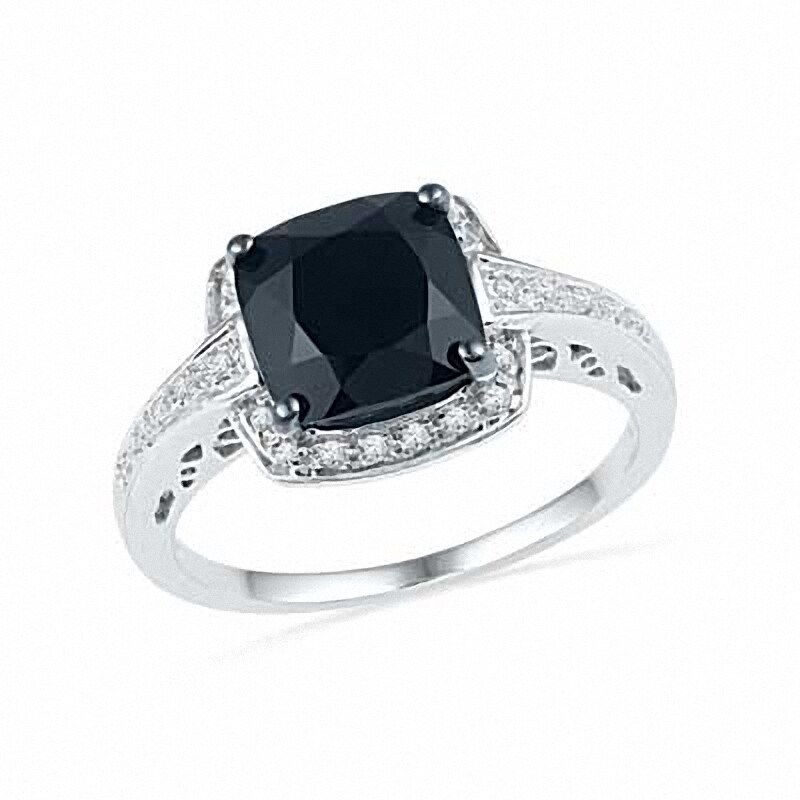 Main Image 1 of Previously Owned - 7.0mm Cushion-Cut Faceted Onyx and Diamond Accent Frame Ring in Sterling Silver