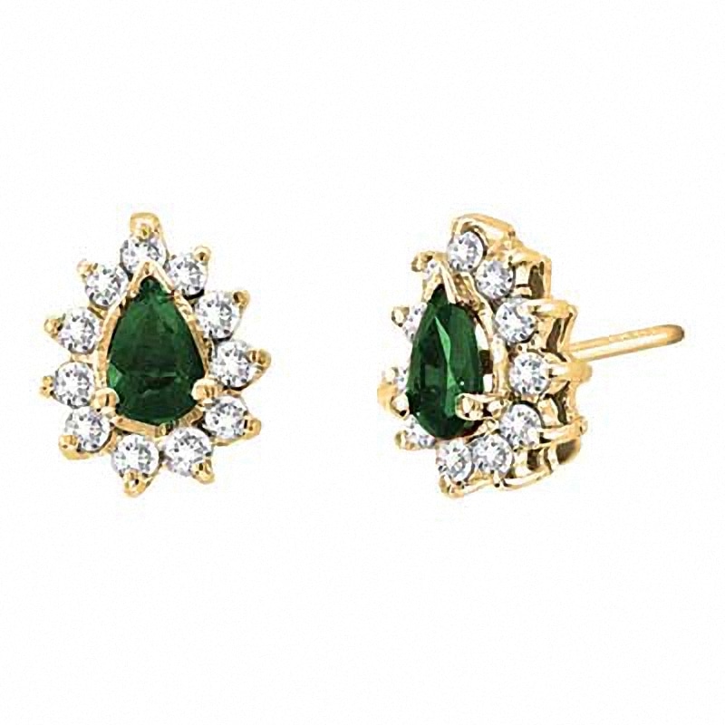 Main Image 1 of Previously Owned - Pear-Shaped Emerald and 1/4 CT. T.W. Diamond Earrings in 14K Gold