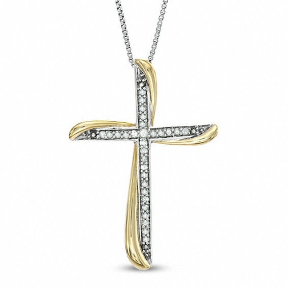 Previously Owned - 1/8 CT. T.w. Diamond Twist Cross Pendant in Sterling Silver and 14K Gold Plate