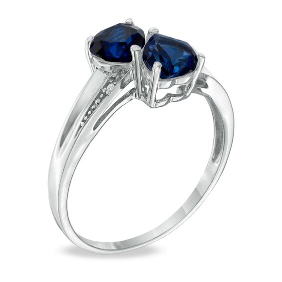 Previously Owned - Heart-Shaped Lab-Created Blue Sapphire and Diamond Accent Double Heart Ring in Sterling Silver