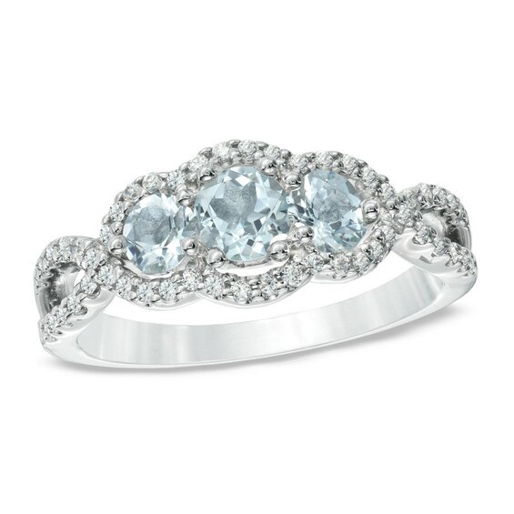 Previously Owned - Aquamarine and 1/4 CT. T.w. Past Present FutureÂ® Engagement Ring in 10K White Gold