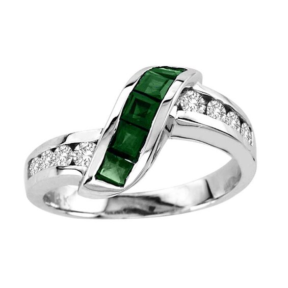 Previously Owned - Princess-Cut Emerald and 1/3 CT. T.w. Diamond Slant Ring in 14K White Gold