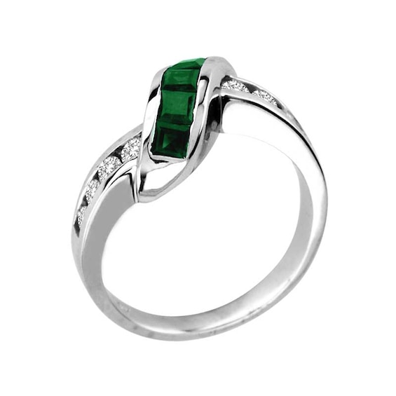 Previously Owned - Princess-Cut Emerald and 1/3 CT. T.w. Diamond Slant Ring in 14K White Gold