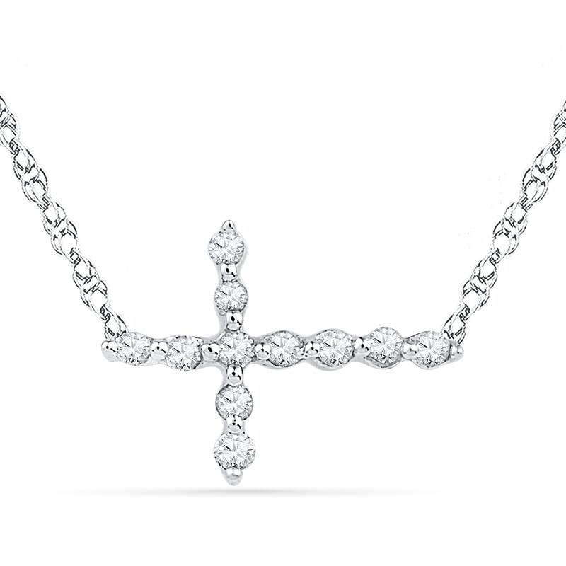 Main Image 1 of Previously Owned - 1/20 CT. T.W. Diamond Sideways Cross Necklace in 10K White Gold