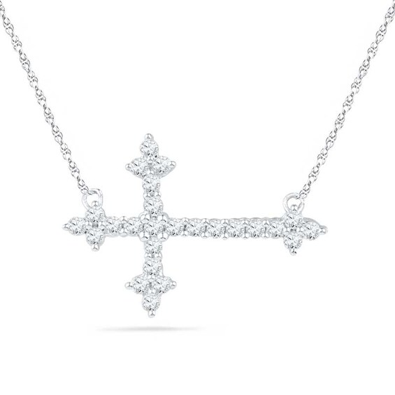 Previously Owned - Lab-Created White Sapphire Sideways Cross Necklace in Sterling Silver