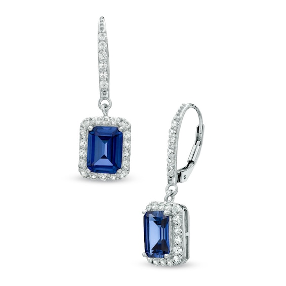 Previously Owned - Emerald-Cut Lab-Created Blue and White Sapphire Frame Drop Earrings in Sterling Silver