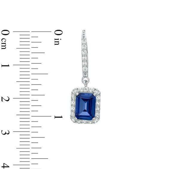 Previously Owned - Emerald-Cut Lab-Created Blue and White Sapphire Frame Drop Earrings in Sterling Silver