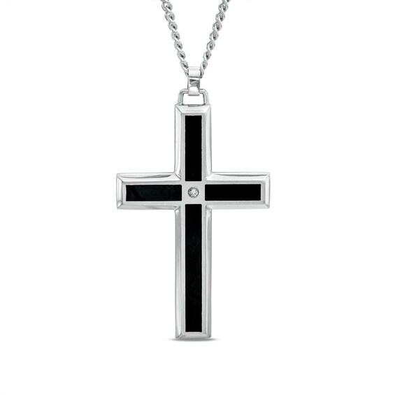 Previously Owned - Men's Diamond Accent Black Enameled Cross Pendant in Stainless Steel - 24"