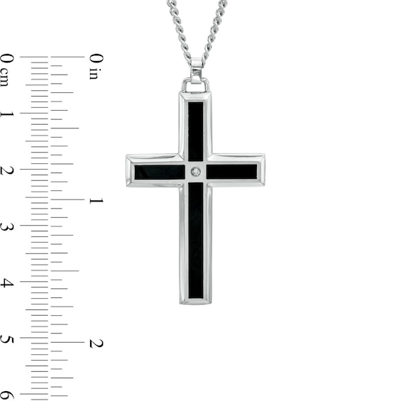 Previously Owned - Men's Diamond Accent Black Enameled Cross Pendant in Stainless Steel - 24"