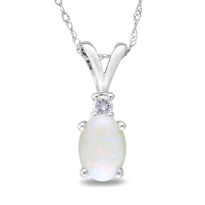 Main Image 1 of Previously Owned - Oval Opal and Diamond Accent Pendant in 10K White Gold - 17"