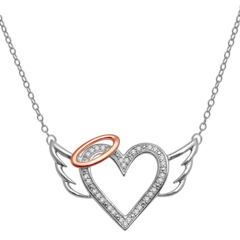 Main Image 1 of Previously Owned - Diamond Accent Heart with Halo and Wings Pendant in Sterling Silver and 10K Rose Gold