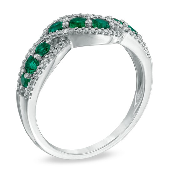 Previously Owned - Lab-Created Emerald and Diamond Accent Wave Ring in 10K White Gold