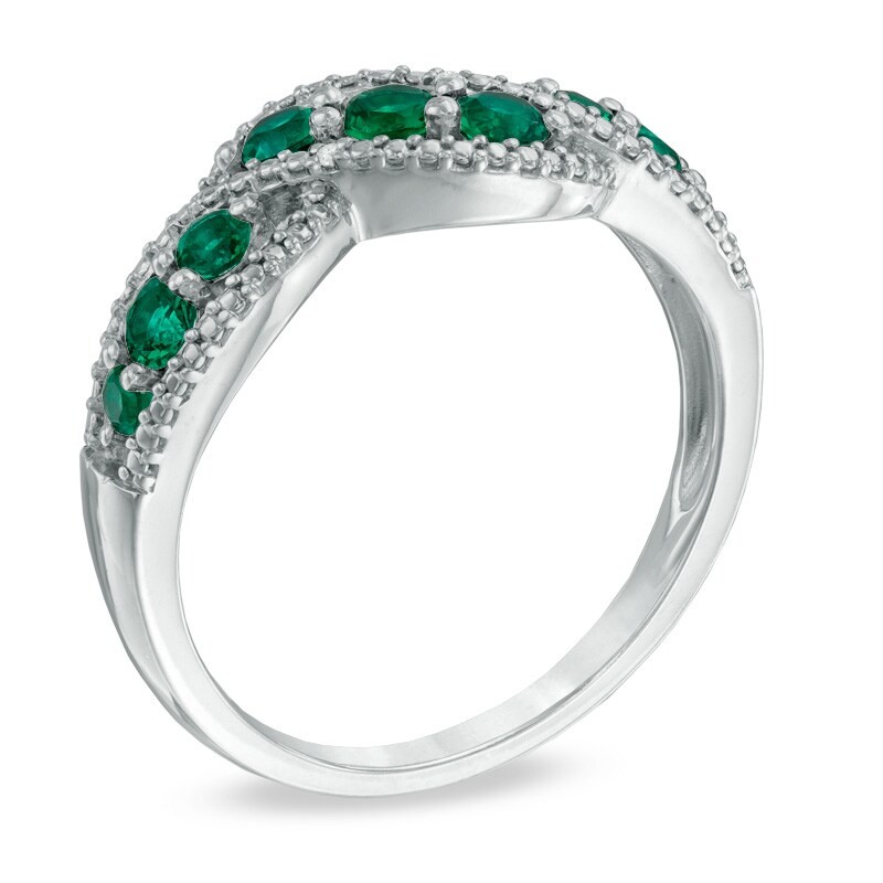 Main Image 2 of Previously Owned - Lab-Created Emerald and Diamond Accent Wave Ring in 10K White Gold