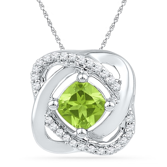 Previously Owned - 5.0mm Cushion-Cut Peridot and 1/10 CT. T.w. Diamond Swirl Pendant in 10K White Gold