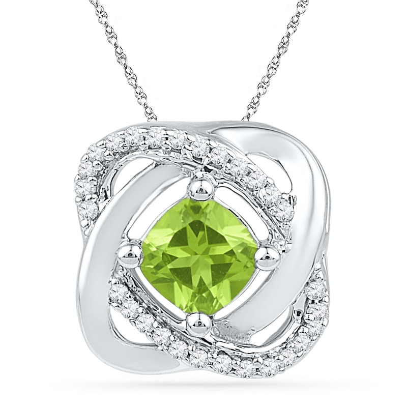 Main Image 1 of Previously Owned - 5.0mm Cushion-Cut Peridot and 1/10 CT. T.W. Diamond Swirl Pendant in 10K White Gold