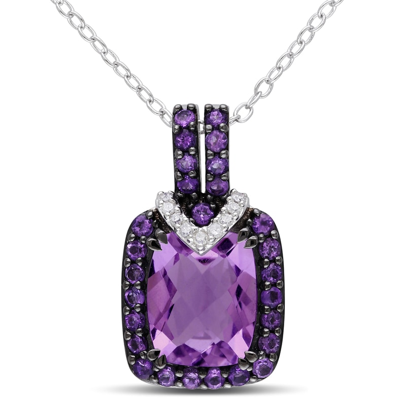 Main Image 1 of Previously Owned - Cushion-Cut Amethyst and Diamond Accent Pendant in Sterling Silver with Black Rhodium