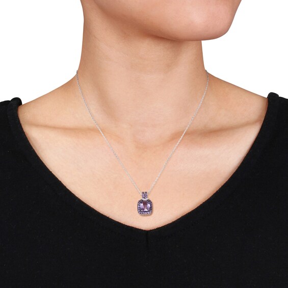 Previously Owned - Cushion-Cut Amethyst and Diamond Accent Pendant in Sterling Silver with Black Rhodium