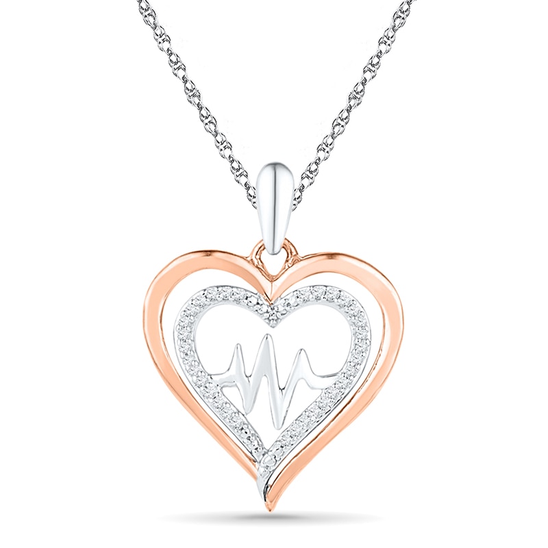 Main Image 1 of Previously Owned - 1/8 CT. T.W. Diamond Double Heart with Heartbeat Pendant in Sterling Silver and 10K Rose Gold