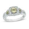 Thumbnail Image 1 of Previously Owned - Lab-Created Yellow and White Sapphire Frame Three Stone Ring in Sterling Silver