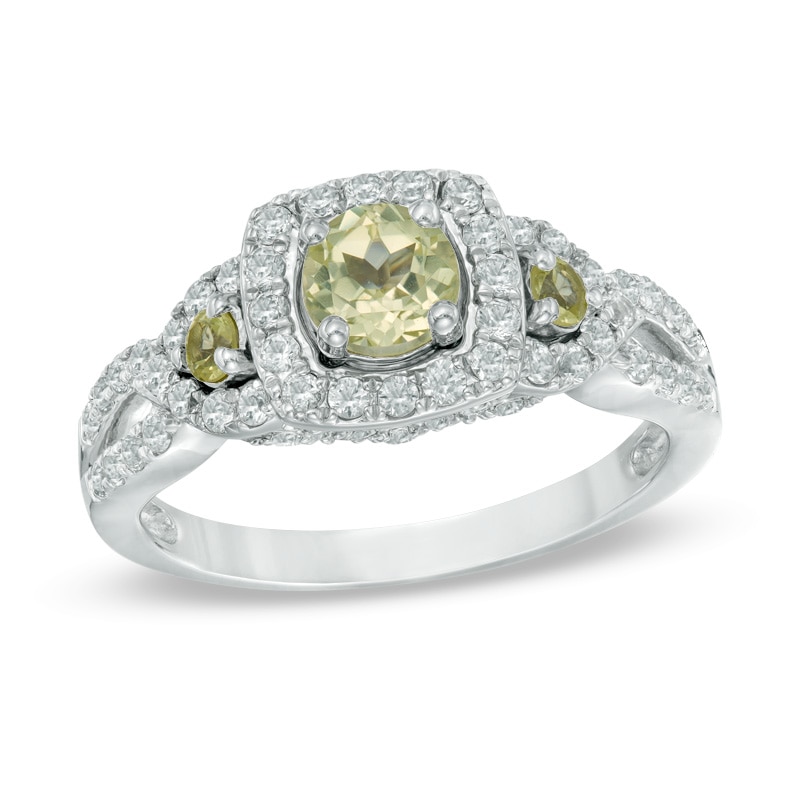 Main Image 1 of Previously Owned - Lab-Created Yellow and White Sapphire Frame Three Stone Ring in Sterling Silver