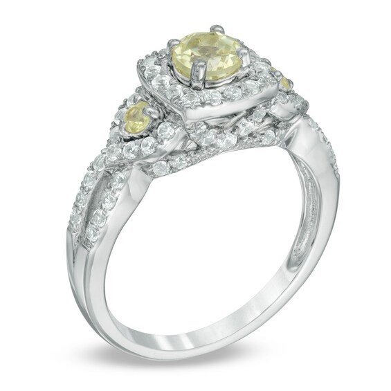 Previously Owned - Lab-Created Yellow and White Sapphire Frame Three Stone Ring in Sterling Silver