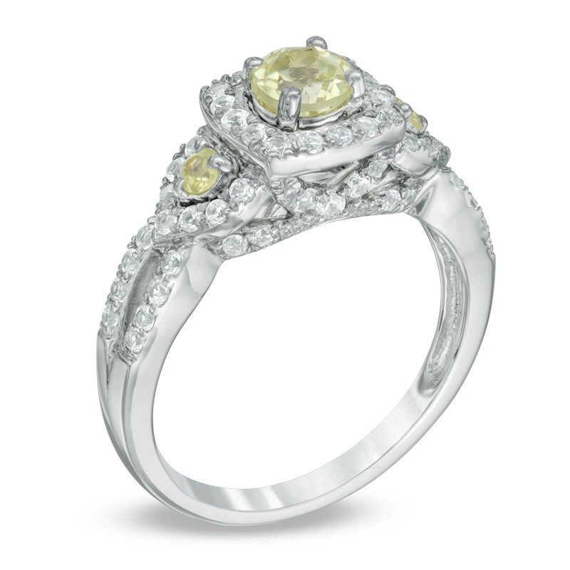 Main Image 2 of Previously Owned - Lab-Created Yellow and White Sapphire Frame Three Stone Ring in Sterling Silver