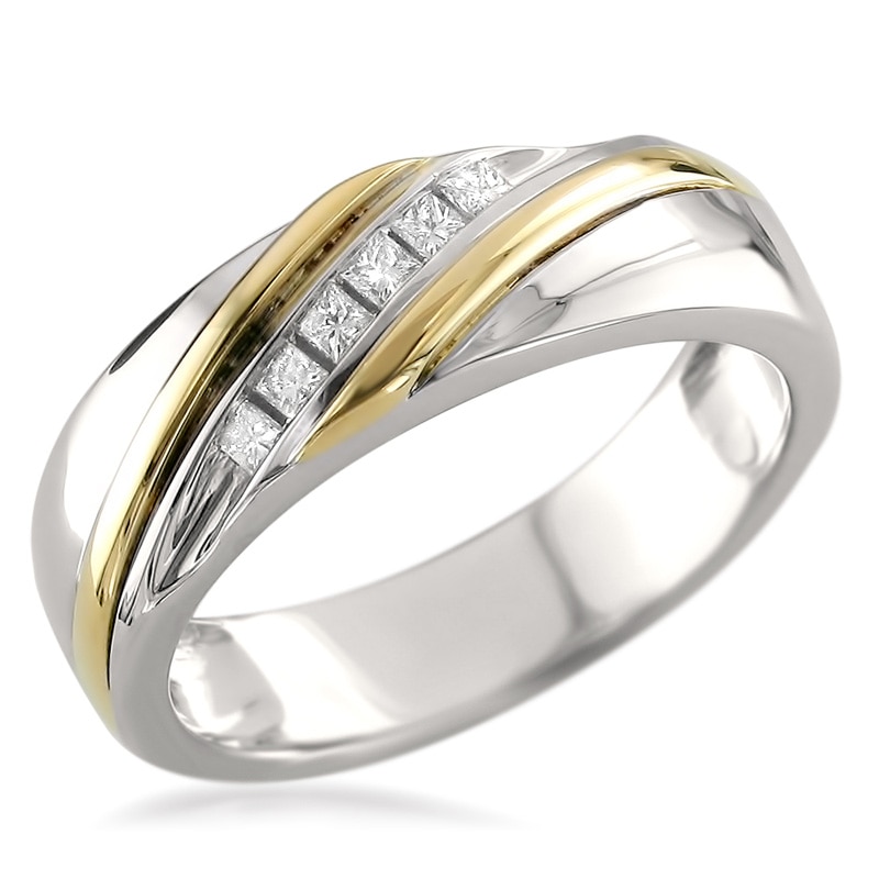 Main Image 1 of Previously Owned - 1/5 CT. T.W. Square-Cut Diamond Slant Wedding Band in 14K Two-Tone Gold