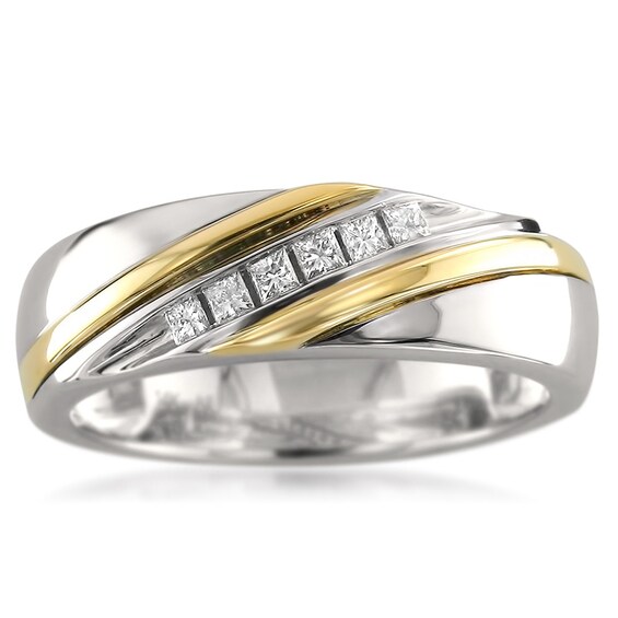 Previously Owned - 1/5 CT. T.w. Square-Cut Diamond Slant Wedding Band in 14K Two-Tone Gold