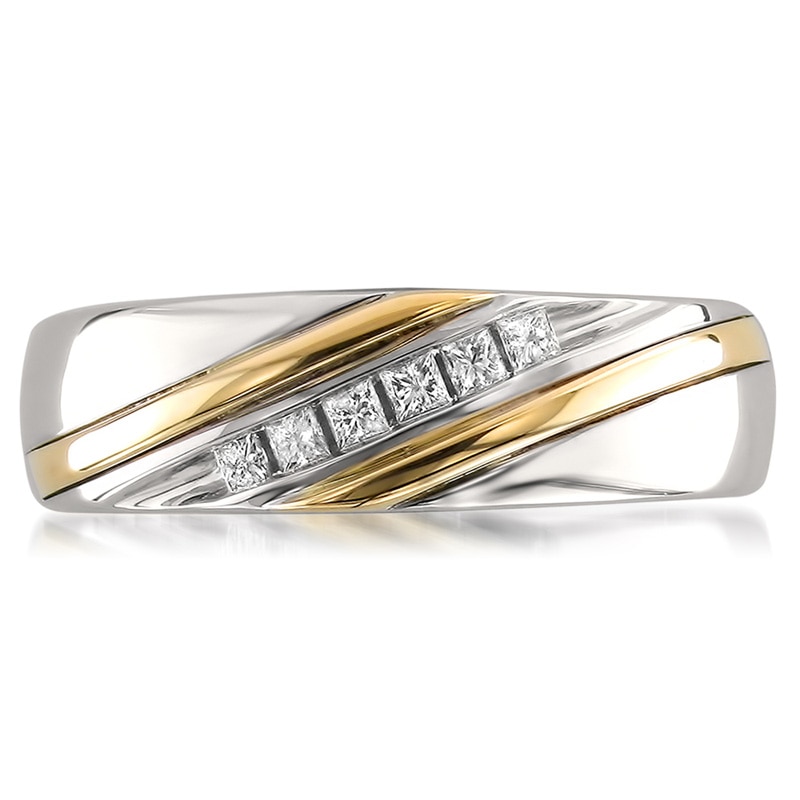 Main Image 3 of Previously Owned - 1/5 CT. T.W. Square-Cut Diamond Slant Wedding Band in 14K Two-Tone Gold