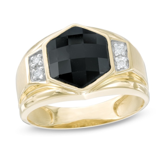 Previously Owned - 10.0mm Faceted Hexagonal Onyx and 1/20 CT. T.w. Diamond Ring in 10K Gold