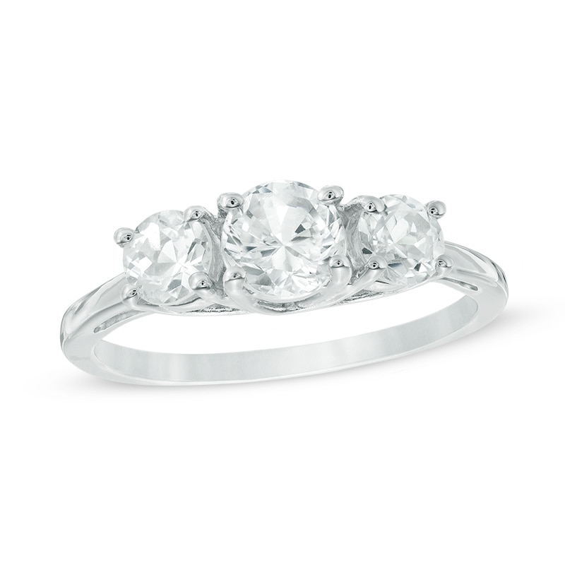 Main Image 1 of Previously Owned - 5.2mm Lab-Created White Sapphire Three Stone Ring in 10K White Gold