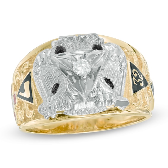 Previously Owned - 1/10 CT. Diamond and Enamel Scottish Rite Masonic Ring in 10K Two-Tone Gold