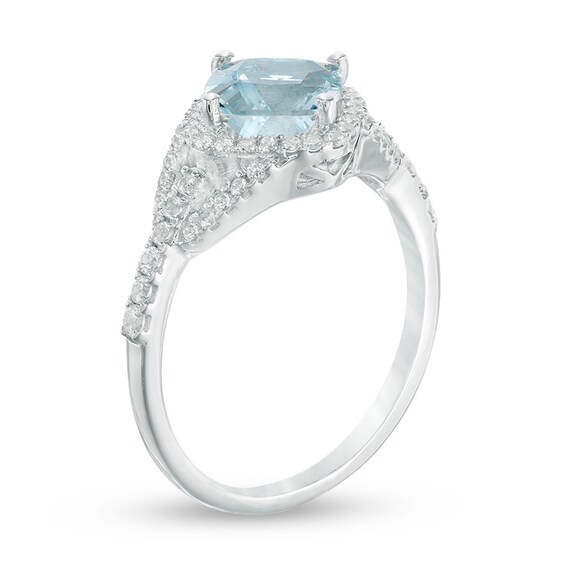 Previously Owned - 7.0mm Cushion-Cut Aquamarine and 1/3 CT. T.w. Diamond Frame Ring in 10K White Gold
