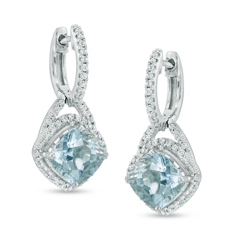 Main Image 1 of Previously Owned - Cushion-Cut Aquamarine and 1/3 CT. T.W. Diamond Frame Drop Earrings in 10K White Gold