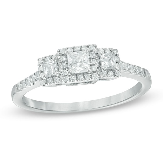 Previously Owned - 1/2 CT. T.w. Princess-Cut Diamond Frame Past Present Future® Engagement Ring in 14K White Gold