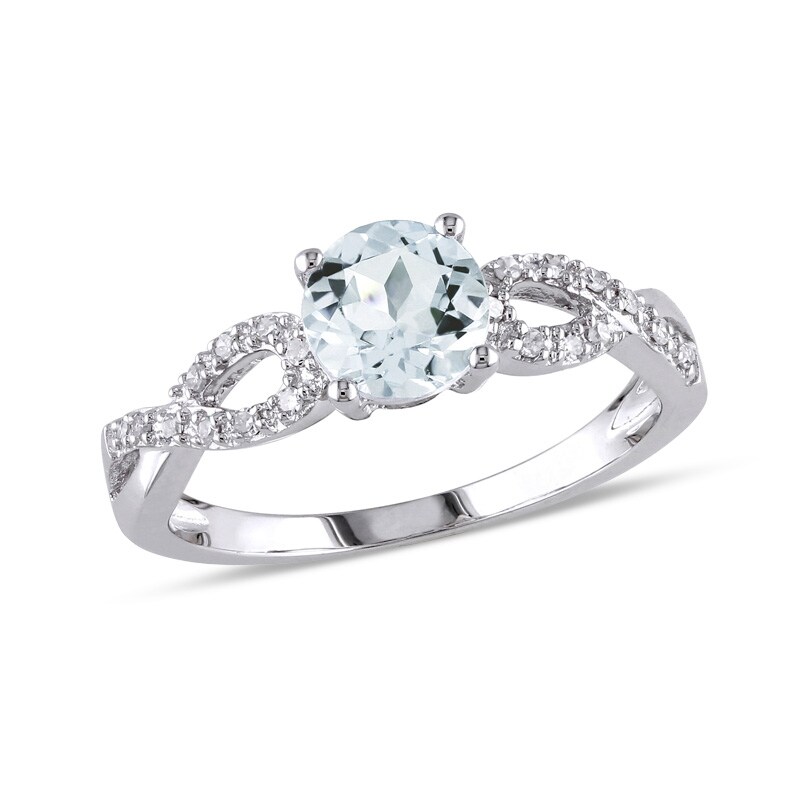 Main Image 1 of Previously Owned - 6.0mm Aquamarine and Diamond Accent Twist Shank Ring in 10K White Gold