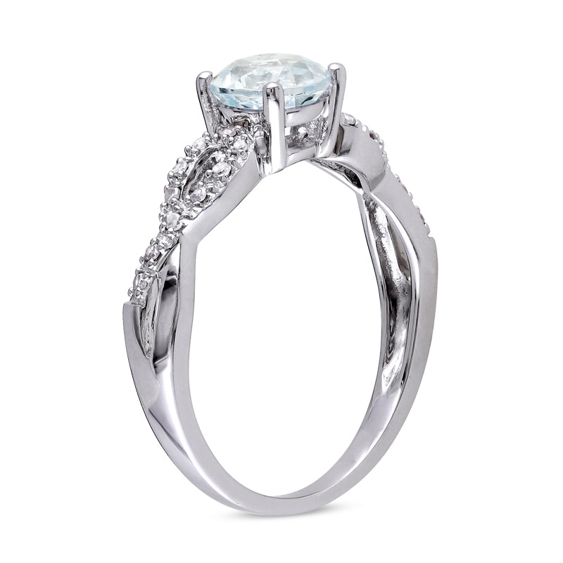 Main Image 2 of Previously Owned - 6.0mm Aquamarine and Diamond Accent Twist Shank Ring in 10K White Gold