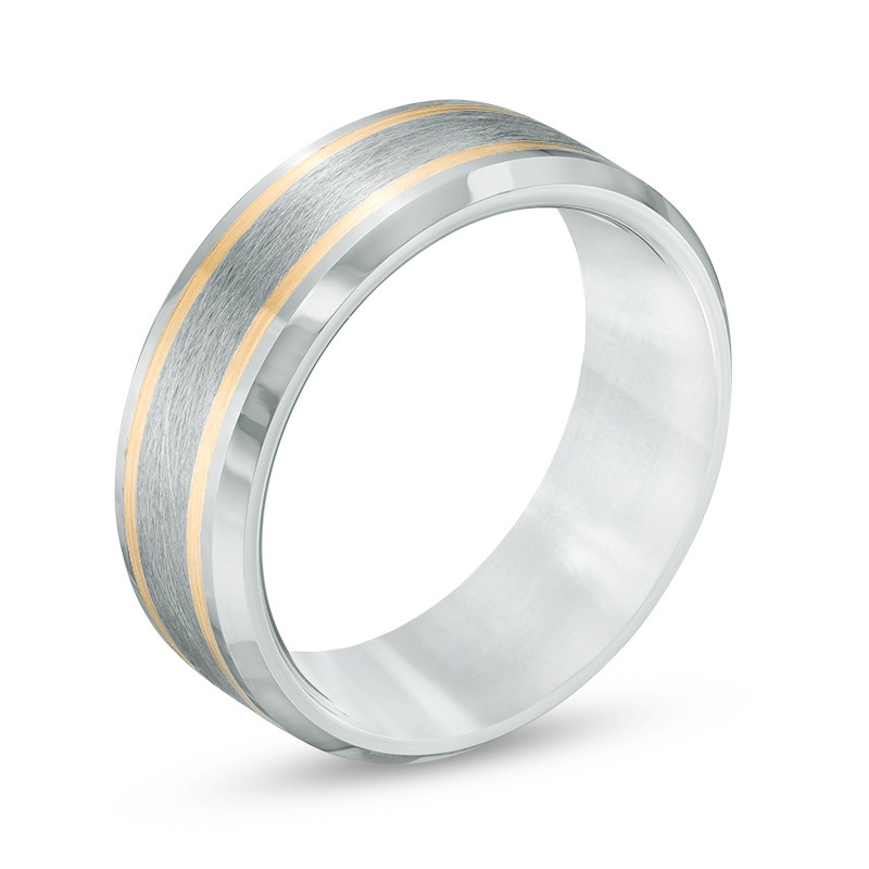 Main Image 2 of Previously Owned - Triton 9.0mm Comfort Fit Grey Tungsten Wedding Band with 14K Gold Stripes