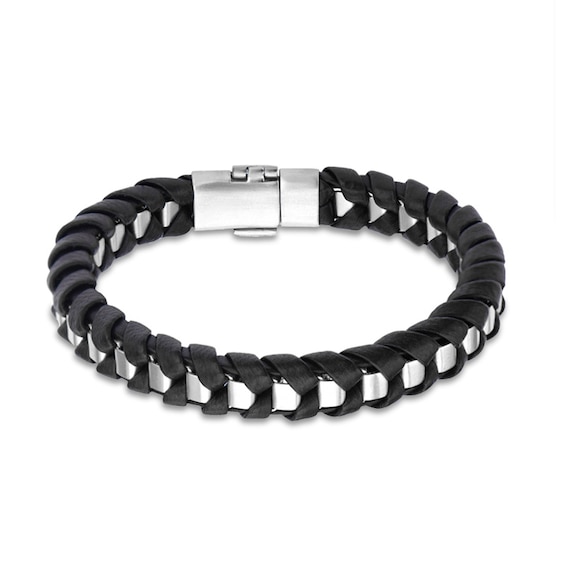 Previously Owned - Woven Black Leather Bracelet in Stainless Steel - 8.5"