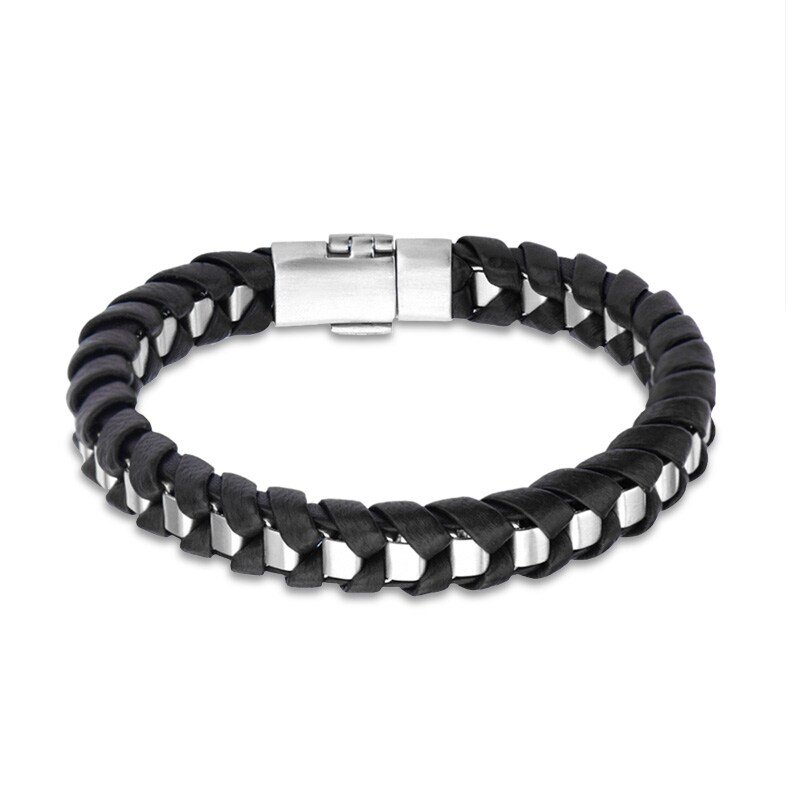 Main Image 1 of Previously Owned - Woven Black Leather Bracelet in Stainless Steel - 8.5"