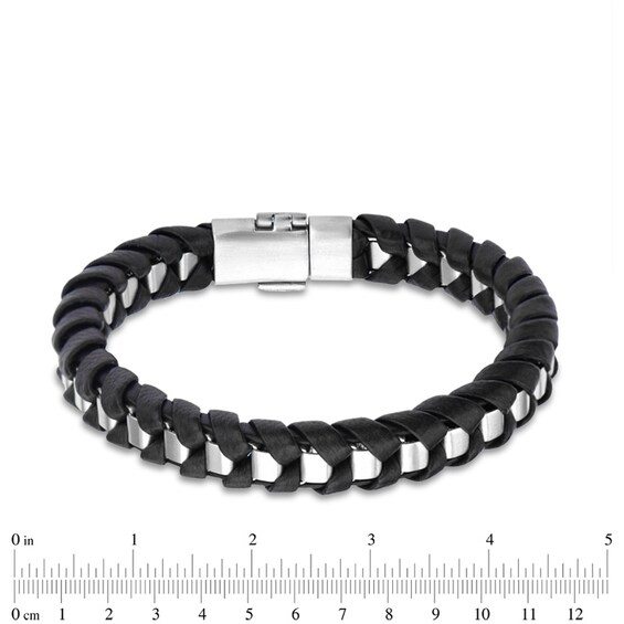 Previously Owned - Woven Black Leather Bracelet in Stainless Steel - 8.5"