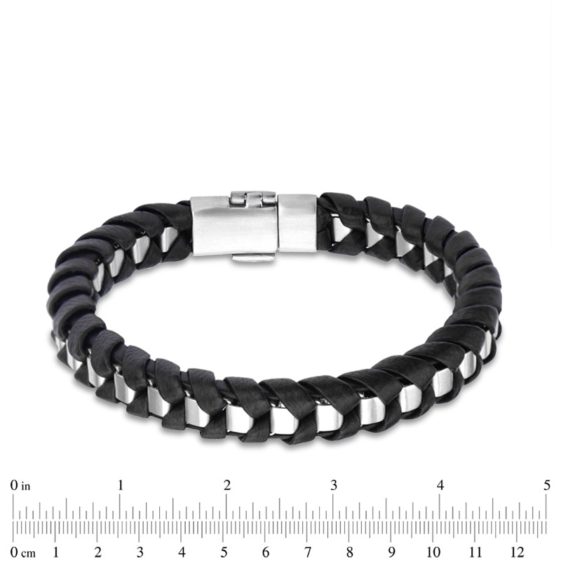 Main Image 2 of Previously Owned - Woven Black Leather Bracelet in Stainless Steel - 8.5"