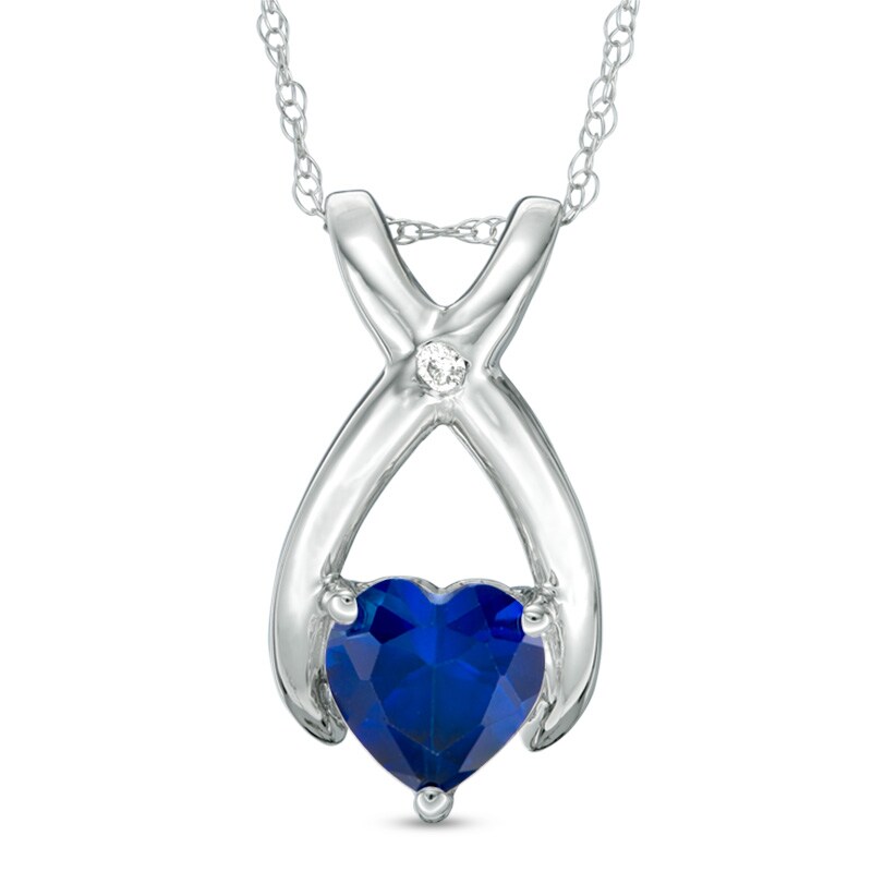 Main Image 1 of Previously Owned - 6.0mm Heart-Shaped Lab-Created Blue Sapphire and Diamond Accent Wishbone Pendant in 10K White Gold