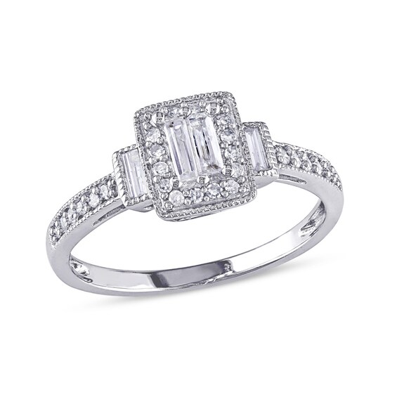 Previously Owned - 1/4 CT. T.w. Composite Baguette Diamond Rectangle Frame Engagement Ring in 10K White Gold