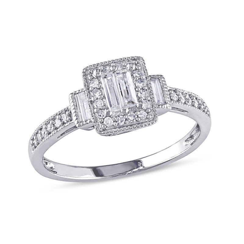 Main Image 1 of Previously Owned - 1/4 CT. T.W. Composite Baguette Diamond Rectangle Frame Engagement Ring in 10K White Gold